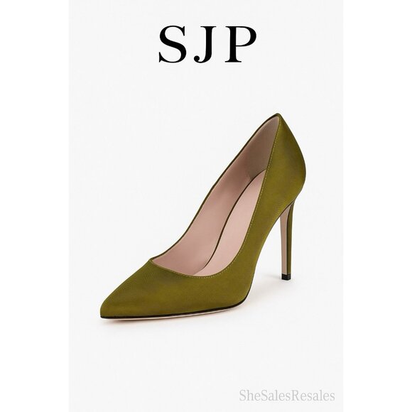 SJP by Sarah Jessica Parker Olive Green Satin Pumps Women’s Size 40 Made in Ital - Picture 1 of 11